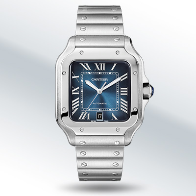 SANTOS DE CARTIER<sup>&reg;</sup> Watch - This large model watch functions on mechanical movement with automatic winding.  Features includes steel case, 7-sided crown set with a faceted synthetic spinel, graduated blue dial, steel sword-shaped hands, sapphire crystal and steel bracelet with "SmartLink" adjustment system.  Case width: 39.8 mm, thickness: 9.08mm.
