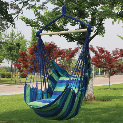 SORBUS<sup>&reg;</sup> Hammock Swing - Treat yourself to a relaxing moment in this comfortable green and blue multicolor striped hammock swing.  Lightweight and easy to carry, this swing is suitable for adults and children outdoors or in!  Features include selected premium cotton fabric with solid ropes, woven knot hanging point, back support and two seat cushions, and non-slip hardwood spreader. Hook not included.