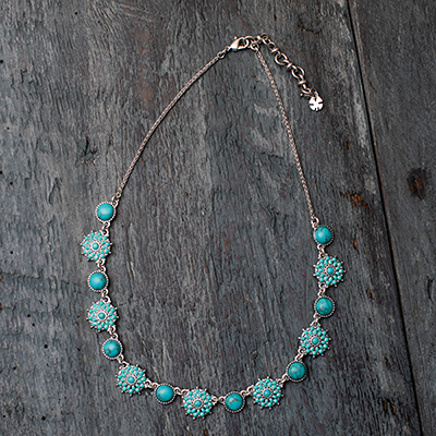 LUCKY BRAND<sup>&reg;</sup>  Turquoise Collar Necklace - Accesorize with this stunning turquoise-look blue stone collar necklace. Features alternating flowers and stones set in silver-tone mixed metal.  Approximate length: 17&quot; and 2&quot; extender.