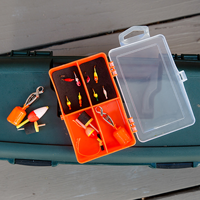 CELSIUS<sup>&reg;</sup> Ice Panfish Kit - Find those winter panfish with this ice fishing kit.  This reusable tackle box includes jigs, hooks, depth finders, shots and more.