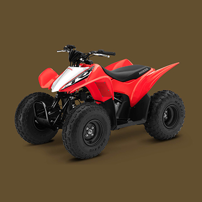 HONDA<sup>&reg;</sup> TRX90X - Designed to be beginner-friendly but with enough performance to please more experienced riders, the TR90X ATV will begin your journey of off-road recreation. Air-cooled four-stroke engine, electric starting, manageable power and compliant suspension handles even the most demanding conditions.  Includes 4-speed transmission with auto-clutch, independent A-arms front suspension and swingarm rear suspension.  8.3' turning radius and 17 gallon fuel capacity.
